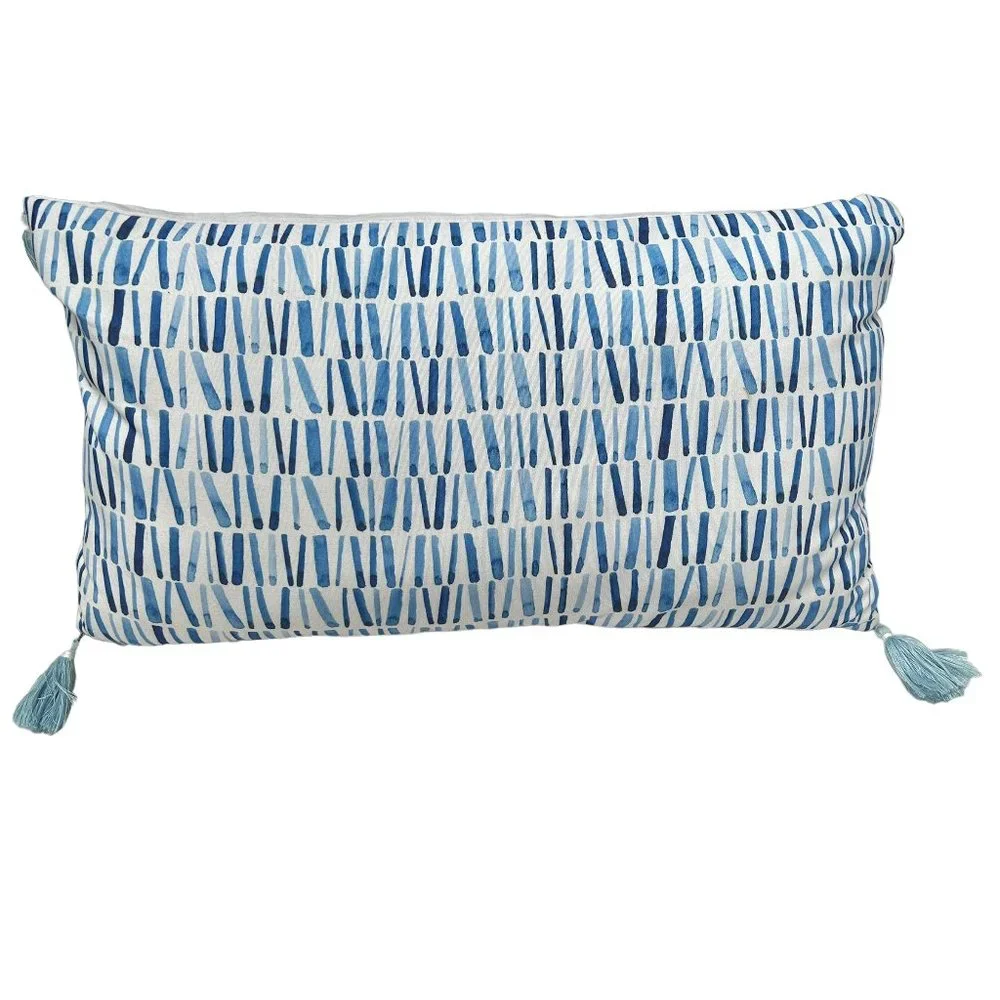 Easy Breezy Blue White aqua tassel trim lumbar throw accent pillow shibo…